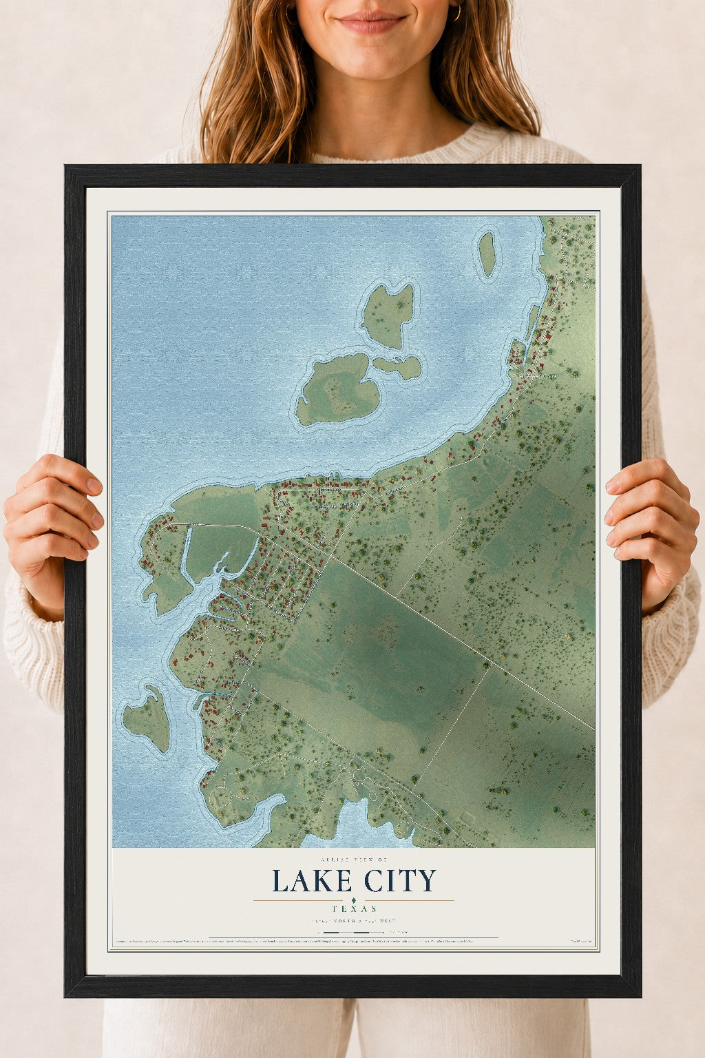 Map of Lake City, Texas, 18 x 24 inch print in a black wood frame