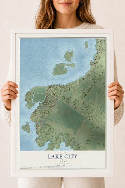 Map of Lake City, Texas, 18 x 24 inch print in a white wood frame
