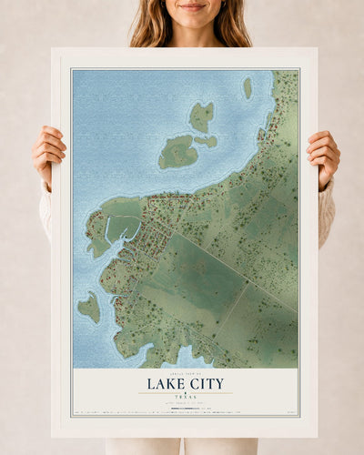 Map of Lake City, Texas, 24 x 36 inch print in a white wood frame