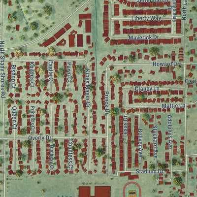Close-up of the map of Lake Dallas, Texas print showing street and building detail
