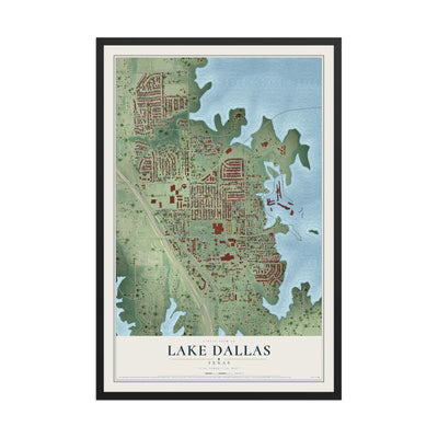 Map of Lake Dallas, Texas, 12 x 18 inch print in a black wood frame