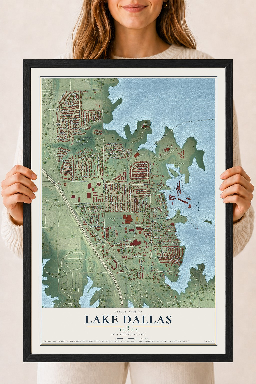 Map of Lake Dallas, Texas, 18 x 24 inch print in a black wood frame
