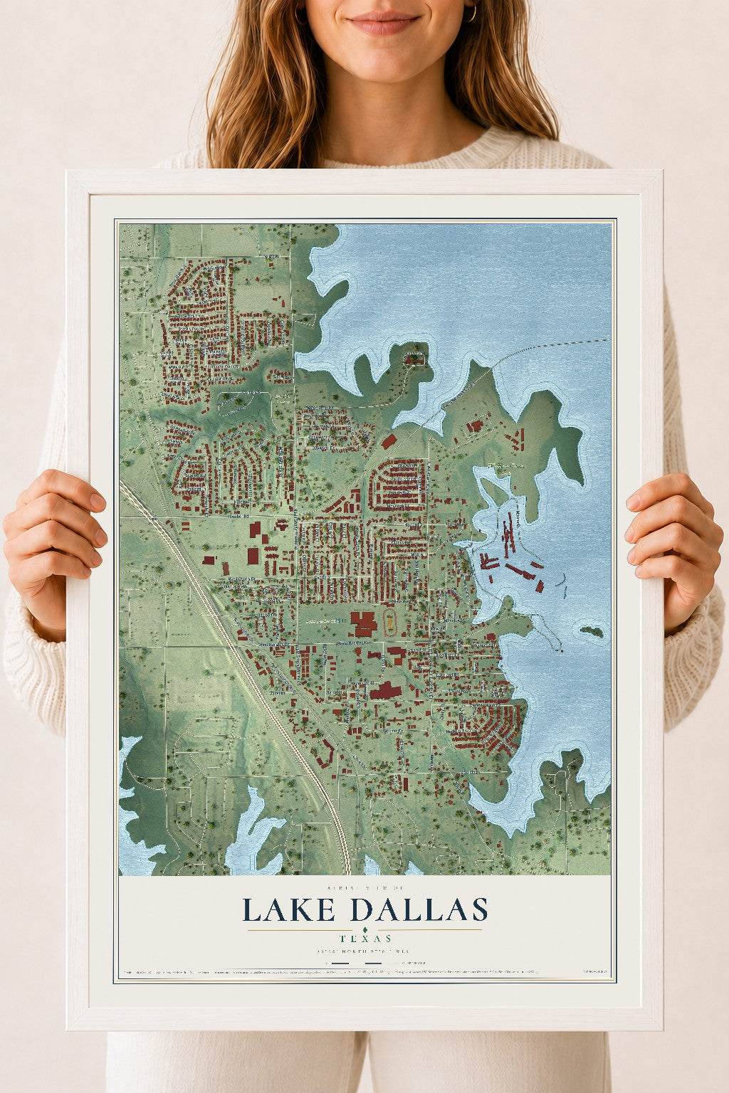 Map of Lake Dallas, Texas, 18 x 24 inch print in a white wood frame