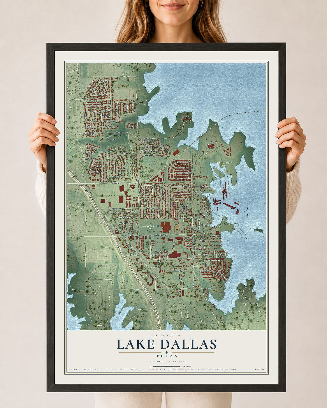 Map of Lake Dallas, Texas, 24 x 36 inch print in a black wood frame