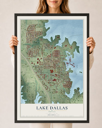 Map of Lake Dallas, Texas, 24 x 36 inch print in a black wood frame