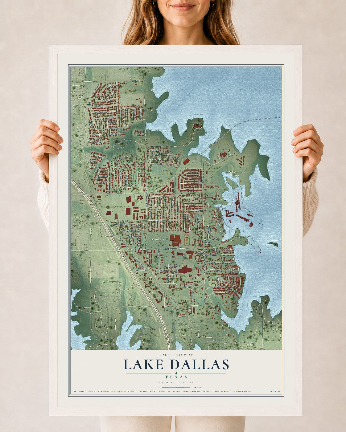 Map of Lake Dallas, Texas, 24 x 36 inch print in a white wood frame