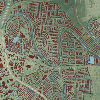 Close-up of the map of Lake Jackson, Texas print showing street and building detail
