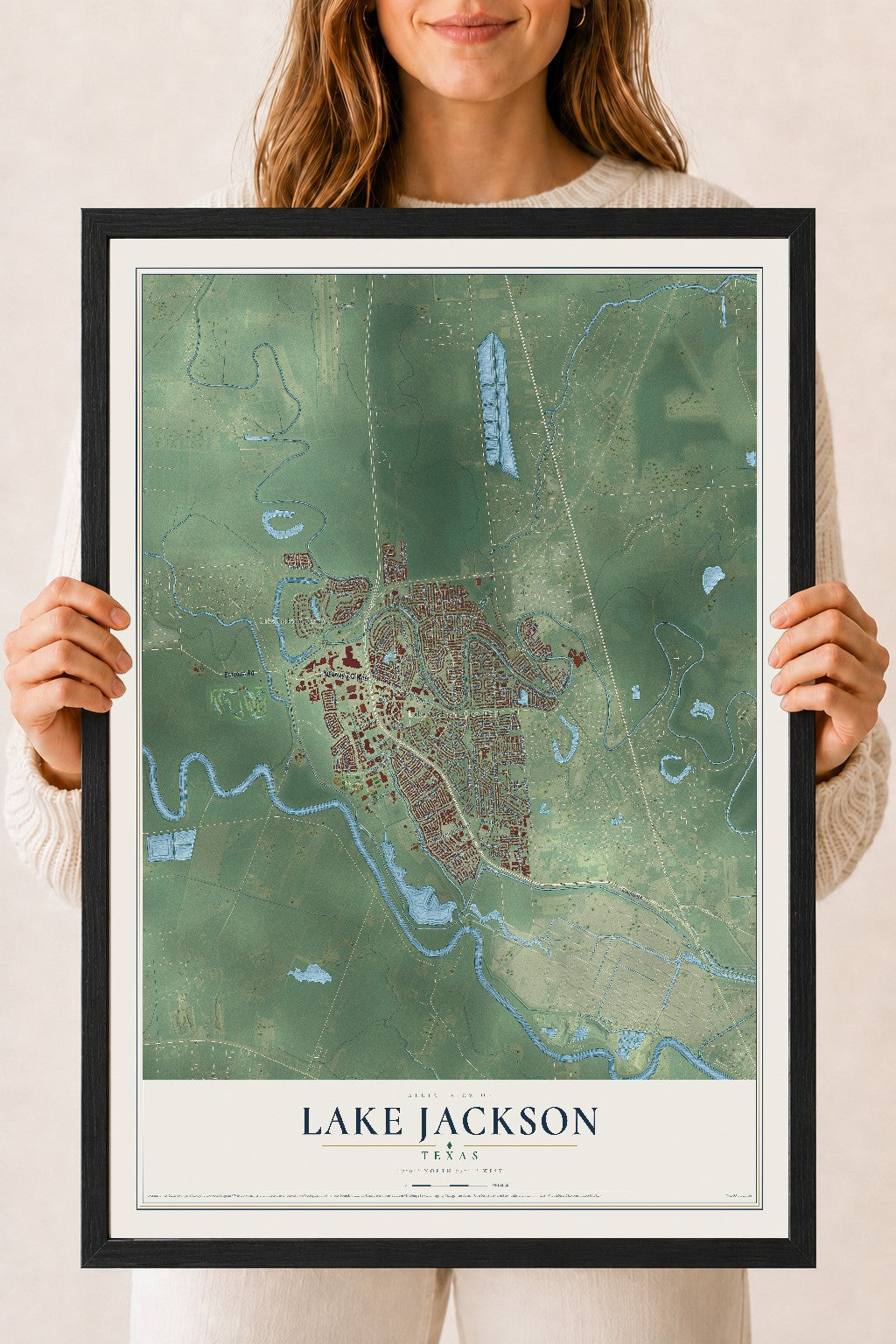 Map of Lake Jackson, Texas, 18 x 24 inch print in a black wood frame