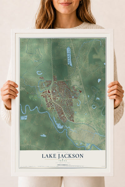 Map of Lake Jackson, Texas, 18 x 24 inch print in a white wood frame