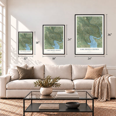 Lake Medina Shores, Texas map in 12 x 18, 18 x 24 and 24 x 36 inch sizes above a sofa