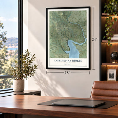 Lake Medina Shores, Texas map, 18 x 24 inch print in a black frame in a home office