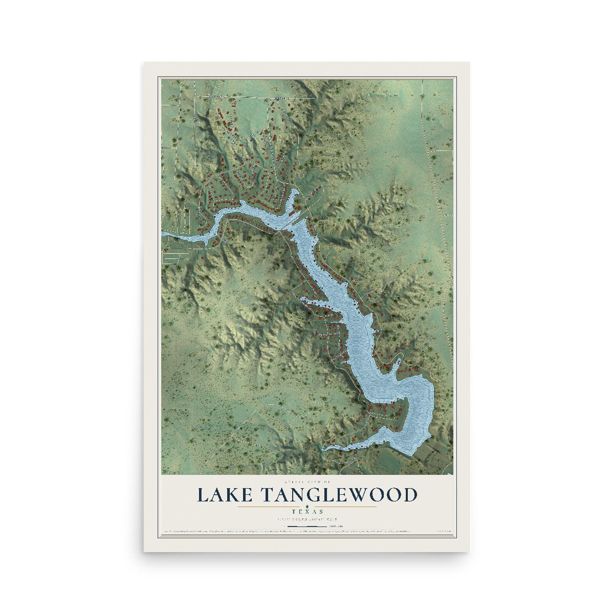 Map of Lake Tanglewood, Texas, 12 x 18 inch unframed archival matte print