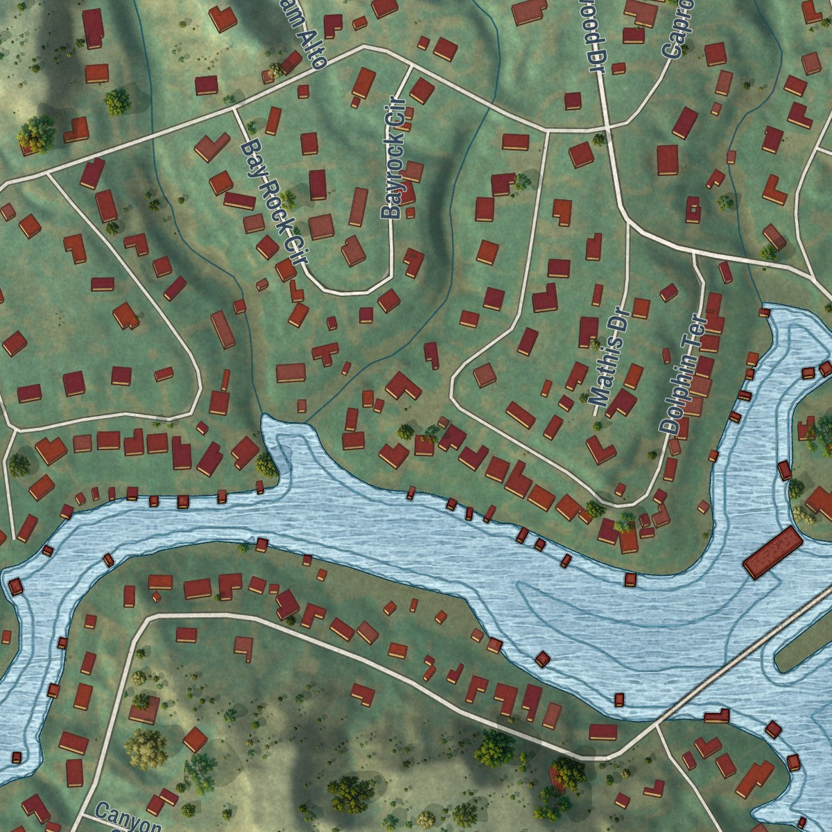 Close-up of the map of Lake Tanglewood, Texas print showing street and building detail