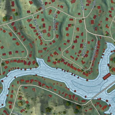 Close-up of the map of Lake Tanglewood, Texas print showing street and building detail