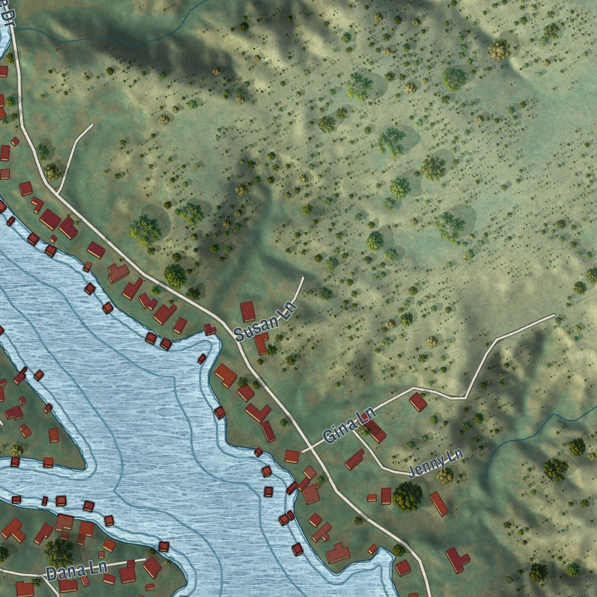 Second close-up of the map of Lake Tanglewood, Texas print showing more streets and buildings