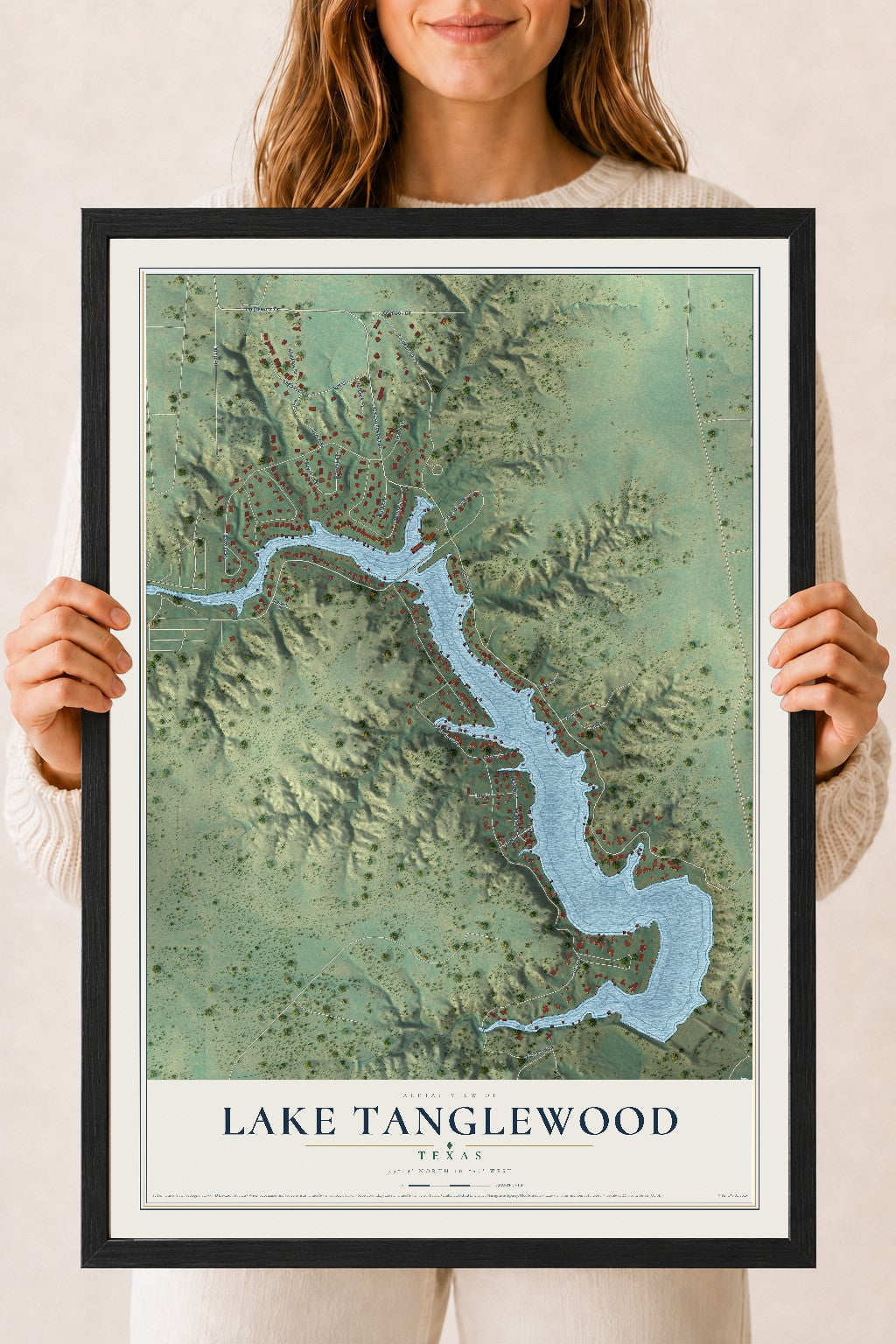 Map of Lake Tanglewood, Texas, 18 x 24 inch print in a black wood frame