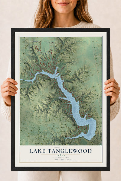 Map of Lake Tanglewood, Texas, 18 x 24 inch print in a black wood frame