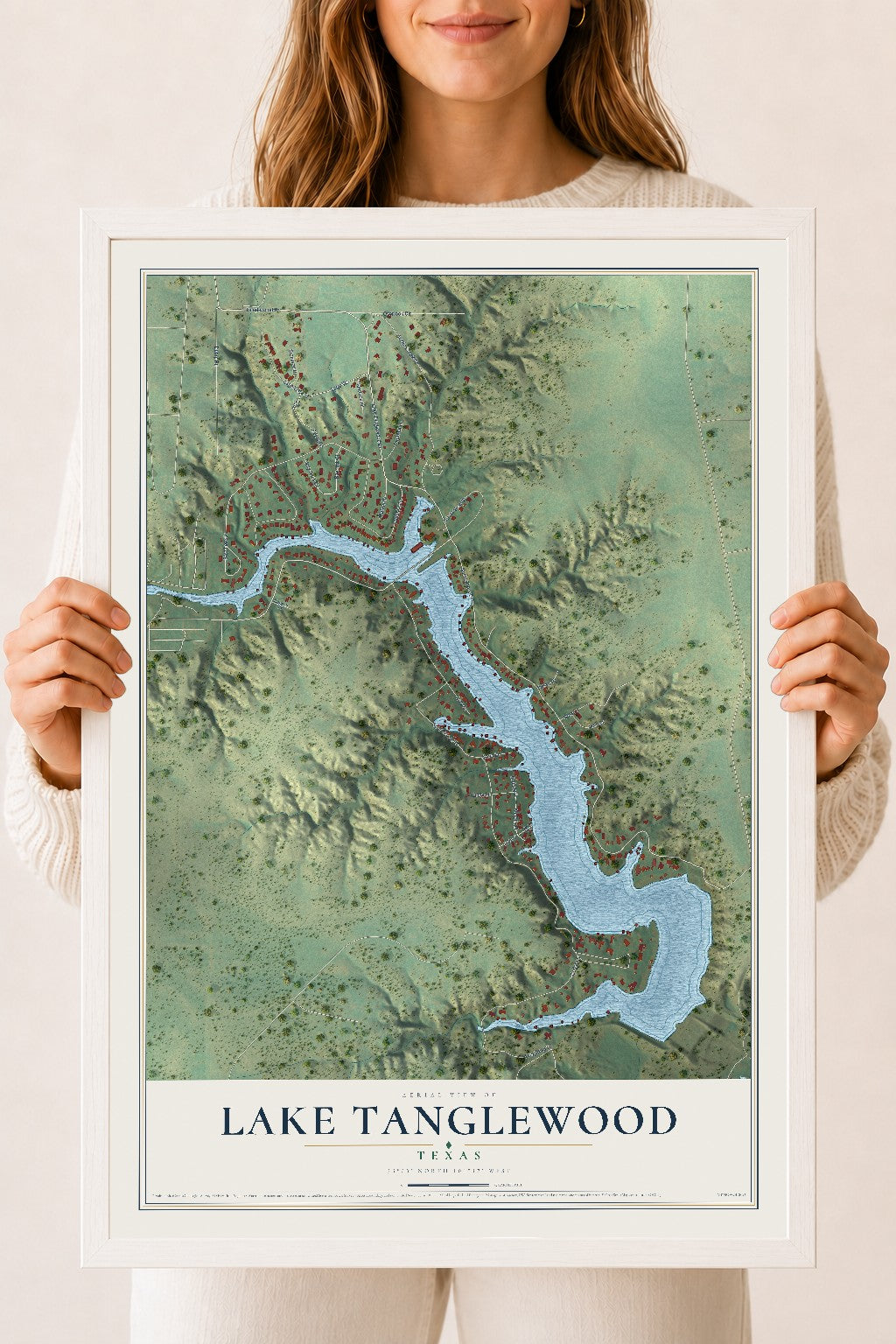Map of Lake Tanglewood, Texas, 18 x 24 inch print in a white wood frame