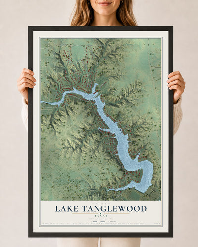 Map of Lake Tanglewood, Texas, 24 x 36 inch print in a black wood frame
