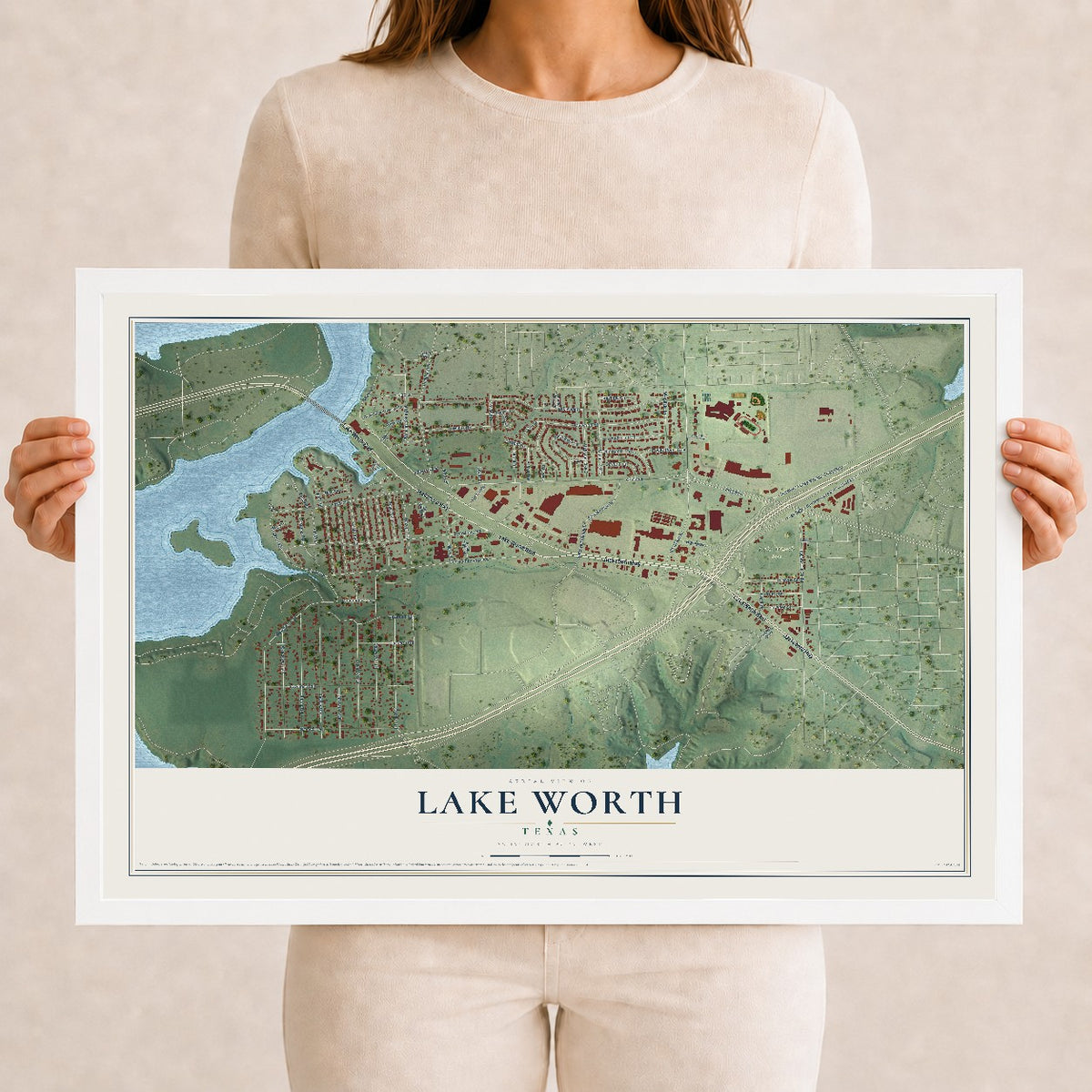 Map of Lake Worth, Texas, 12 x 18 inch print in a white wood frame