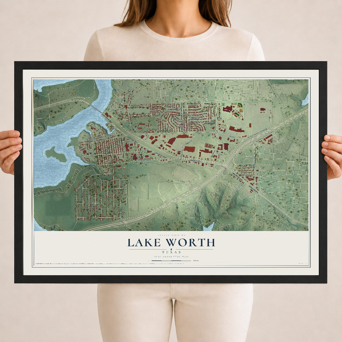 Map of Lake Worth, Texas, 18 x 24 inch print in a black wood frame