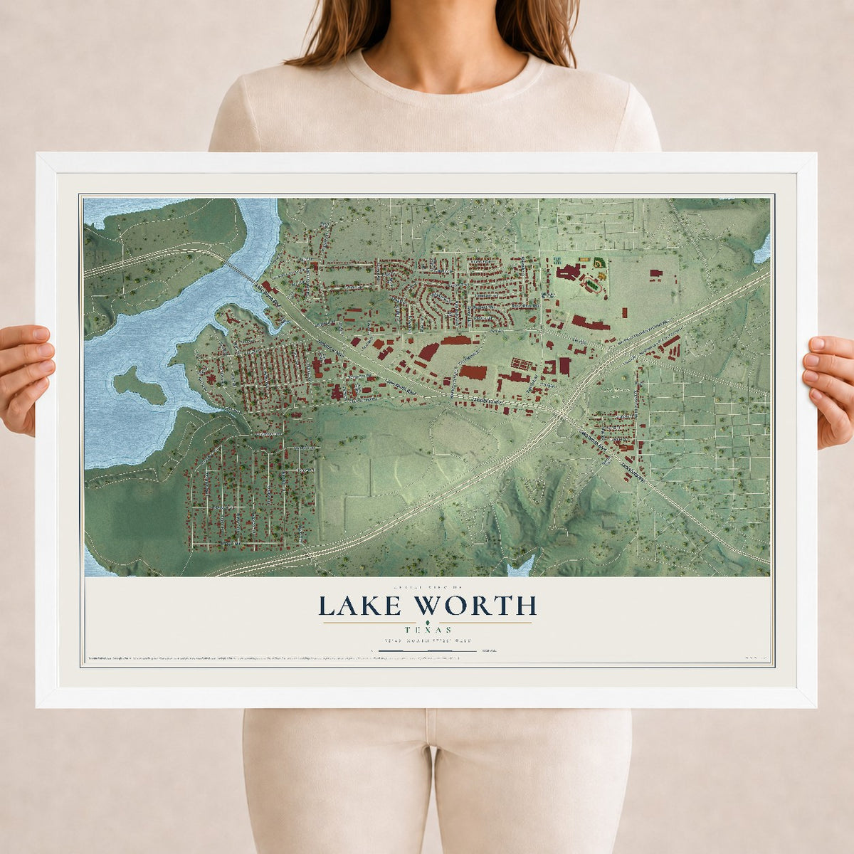 Map of Lake Worth, Texas, 18 x 24 inch print in a white wood frame