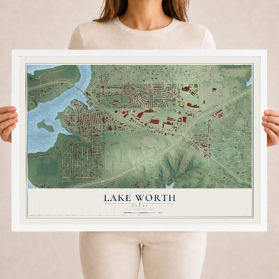Map of Lake Worth, Texas, 18 x 24 inch print in a white wood frame