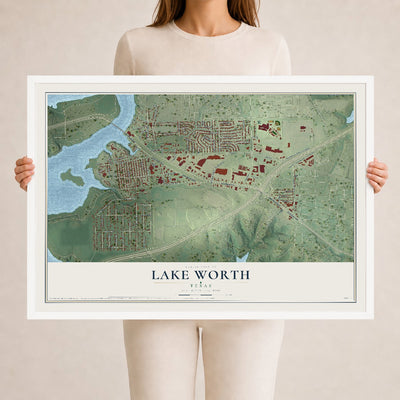 Map of Lake Worth, Texas, 24 x 36 inch print in a white wood frame