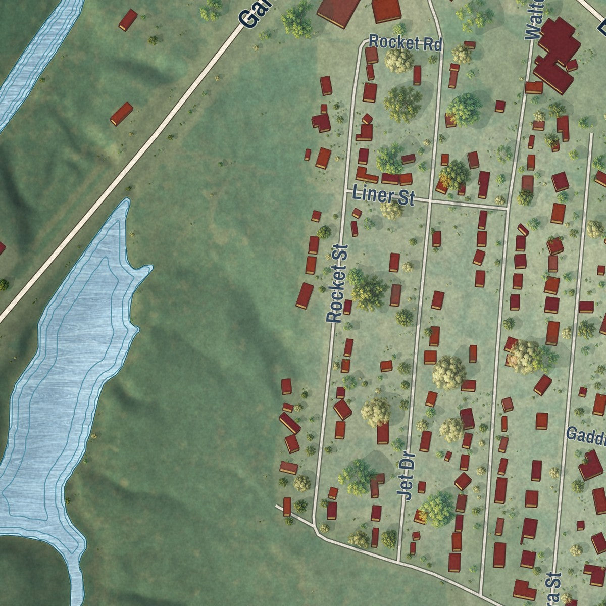 Close-up of the map of Lakeport, Texas print showing street and building detail