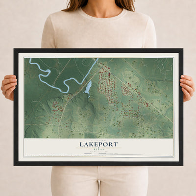 Map of Lakeport, Texas, 12 x 18 inch print in a black wood frame
