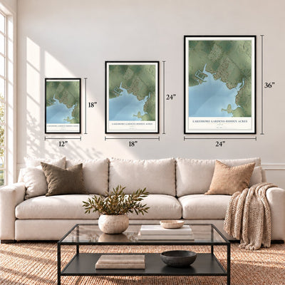 Lakeshore Gardens-Hidden Acres, Texas map in 12 x 18, 18 x 24 and 24 x 36 inch sizes above a sofa