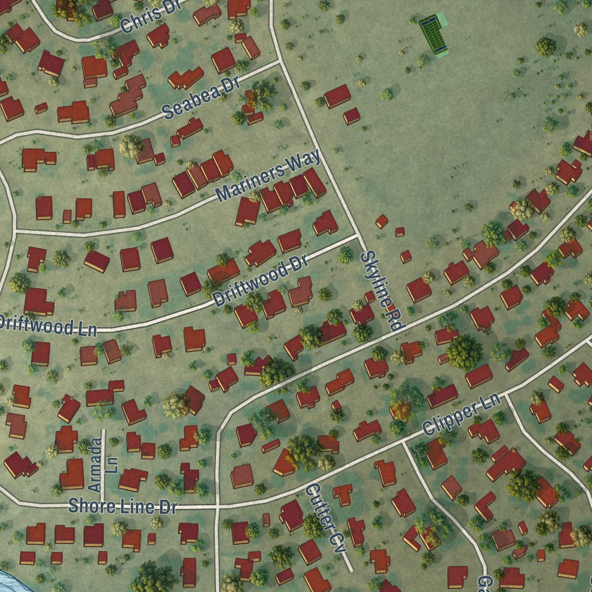 Close-up of the map of Lakeside City, Texas print showing street and building detail