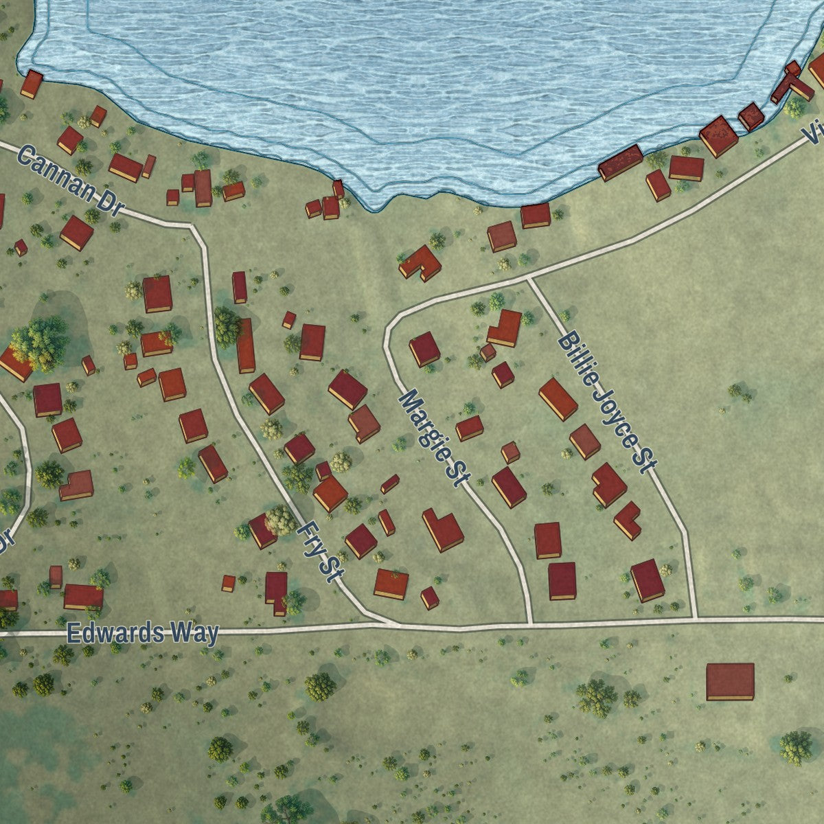 Second close-up of the map of Lakeside City, Texas print showing more streets and buildings