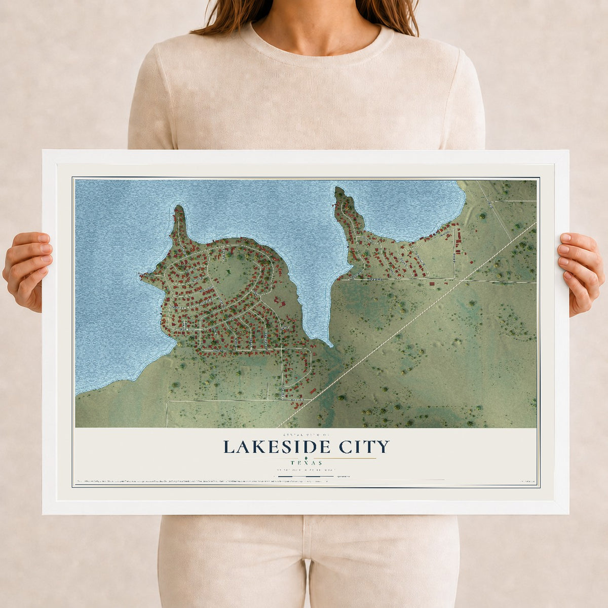 Map of Lakeside City, Texas, 12 x 18 inch print in a white wood frame