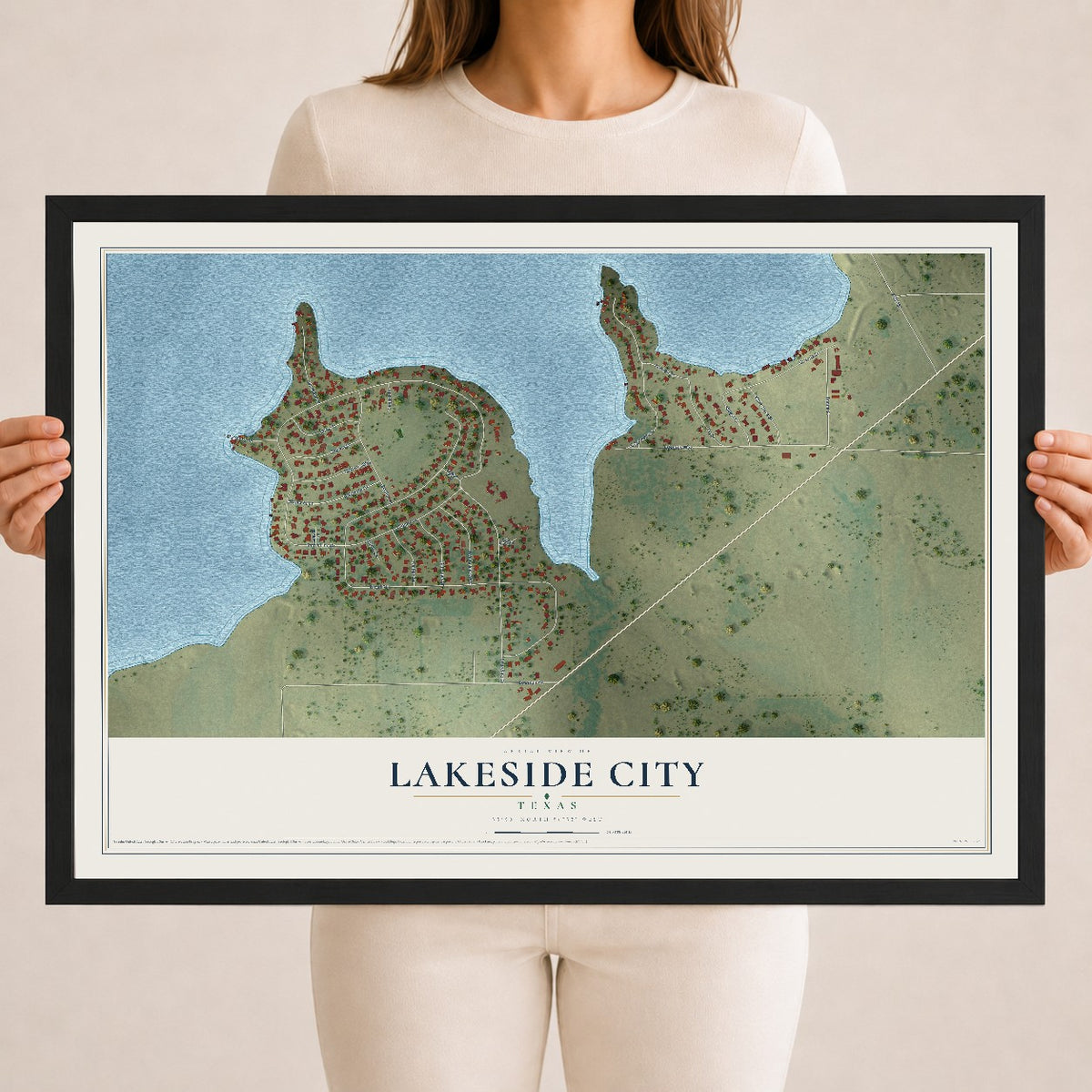 Map of Lakeside City, Texas, 18 x 24 inch print in a black wood frame