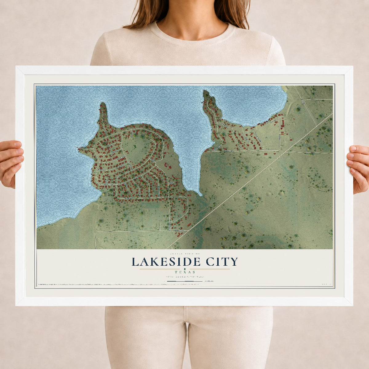 Map of Lakeside City, Texas, 18 x 24 inch print in a white wood frame