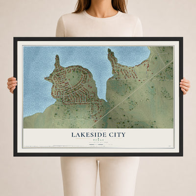 Map of Lakeside City, Texas, 24 x 36 inch print in a black wood frame