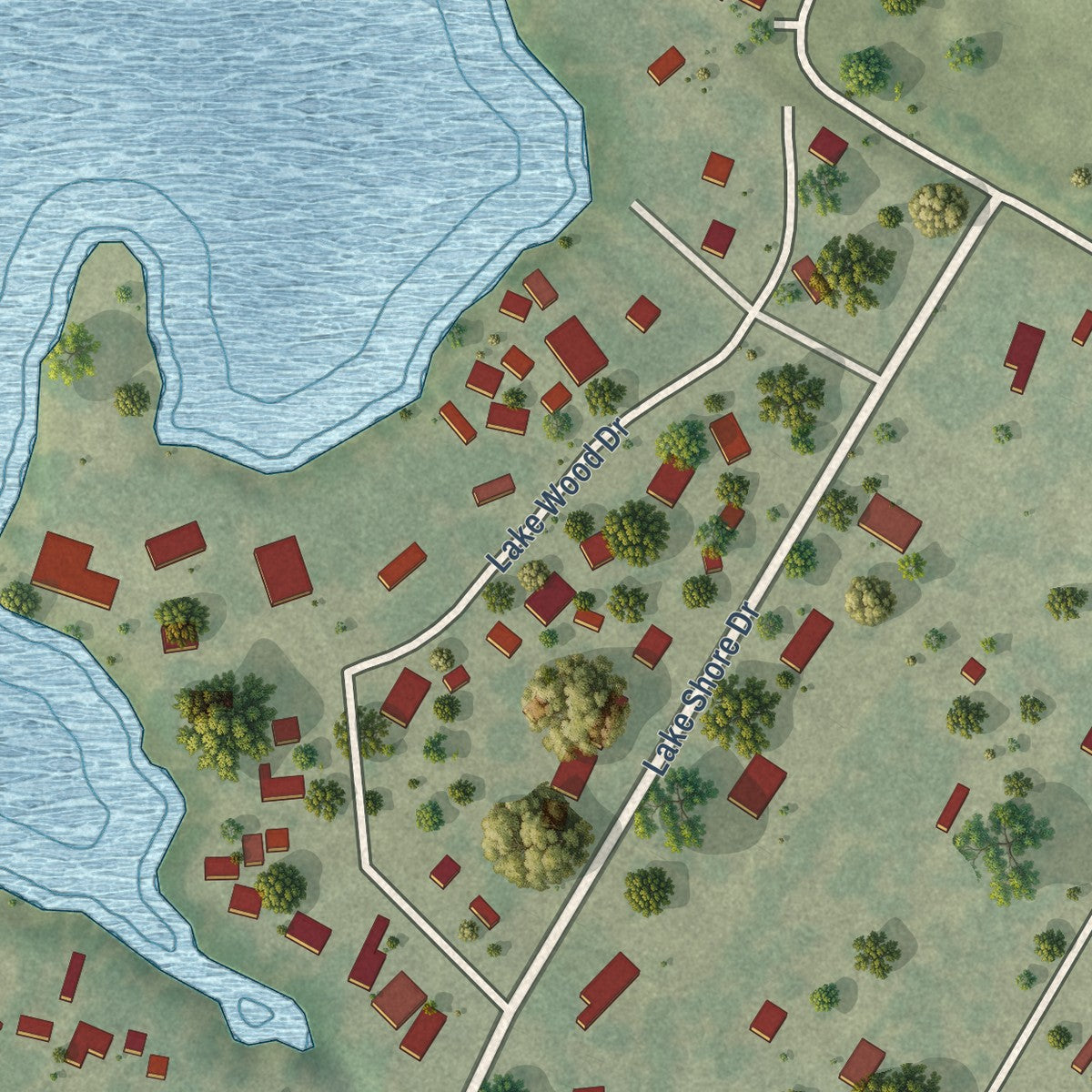 Second close-up of the map of Lakeside, San Patricio County, Texas print showing more streets and buildings