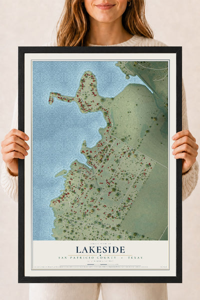 Map of Lakeside, San Patricio County, Texas, 18 x 24 inch print in a black wood frame