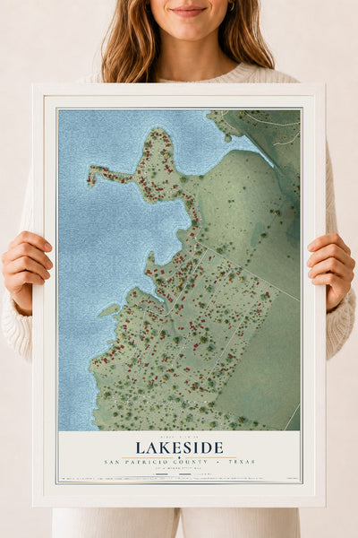 Map of Lakeside, San Patricio County, Texas, 18 x 24 inch print in a white wood frame