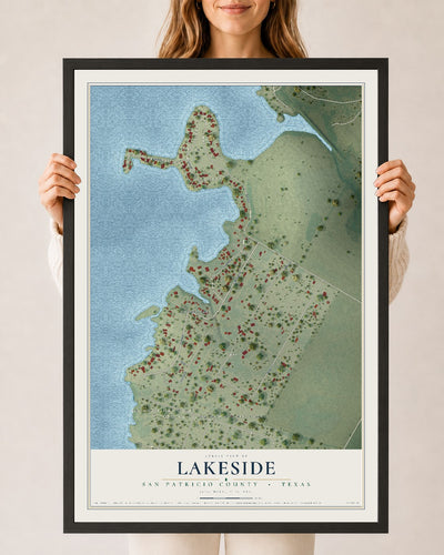 Map of Lakeside, San Patricio County, Texas, 24 x 36 inch print in a black wood frame
