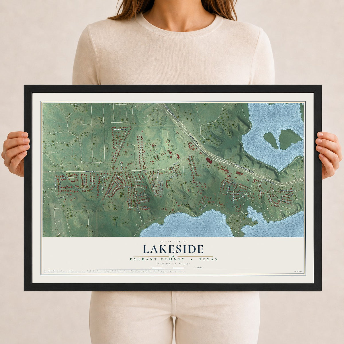 Map of Lakeside, Tarrant County, Texas, 12 x 18 inch print in a black wood frame