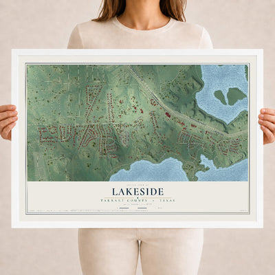 Map of Lakeside, Tarrant County, Texas, 18 x 24 inch print in a white wood frame