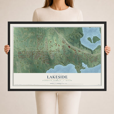 Map of Lakeside, Tarrant County, Texas, 24 x 36 inch print in a black wood frame