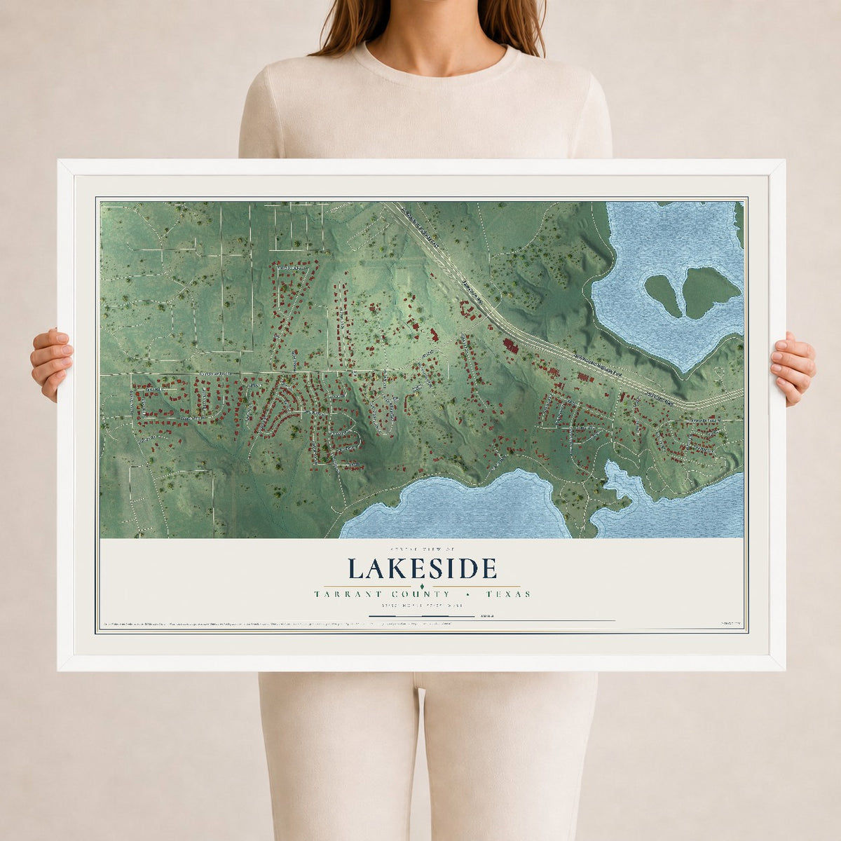 Map of Lakeside, Tarrant County, Texas, 24 x 36 inch print in a white wood frame