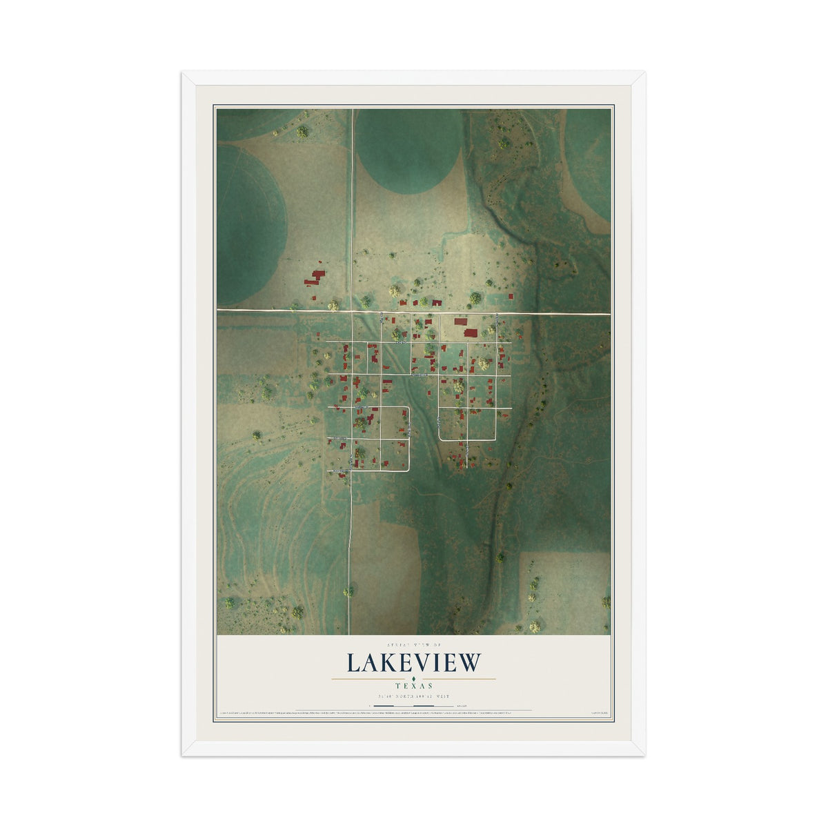 Map of Lakeview, Texas, 12 x 18 inch print in a white wood frame