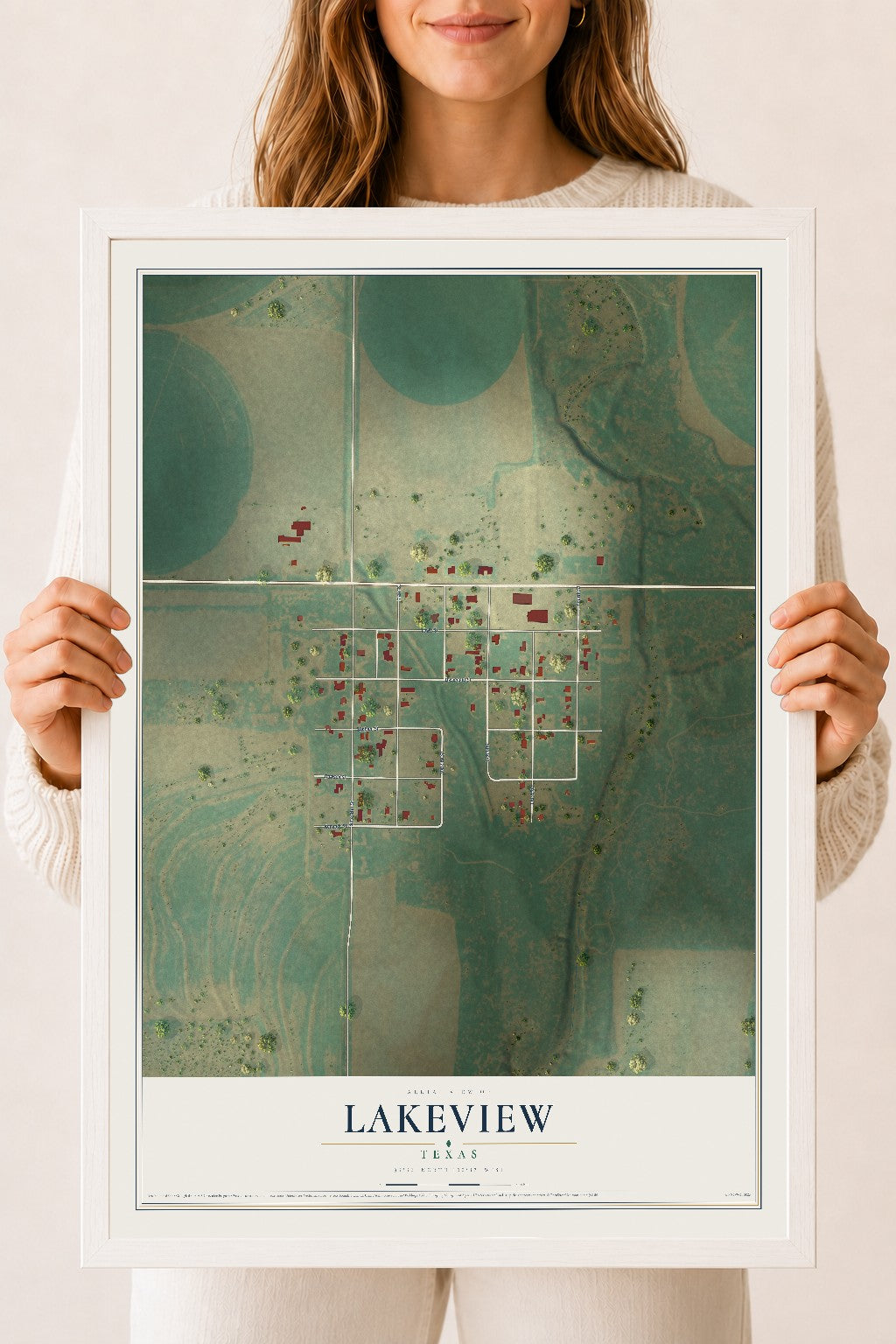 Map of Lakeview, Texas, 18 x 24 inch print in a white wood frame