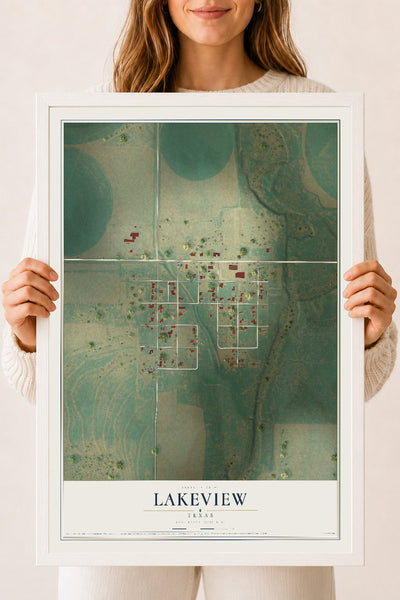 Map of Lakeview, Texas, 18 x 24 inch print in a white wood frame