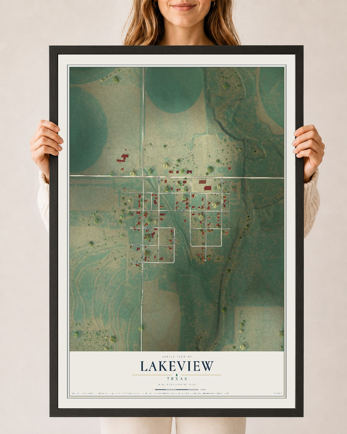 Map of Lakeview, Texas, 24 x 36 inch print in a black wood frame