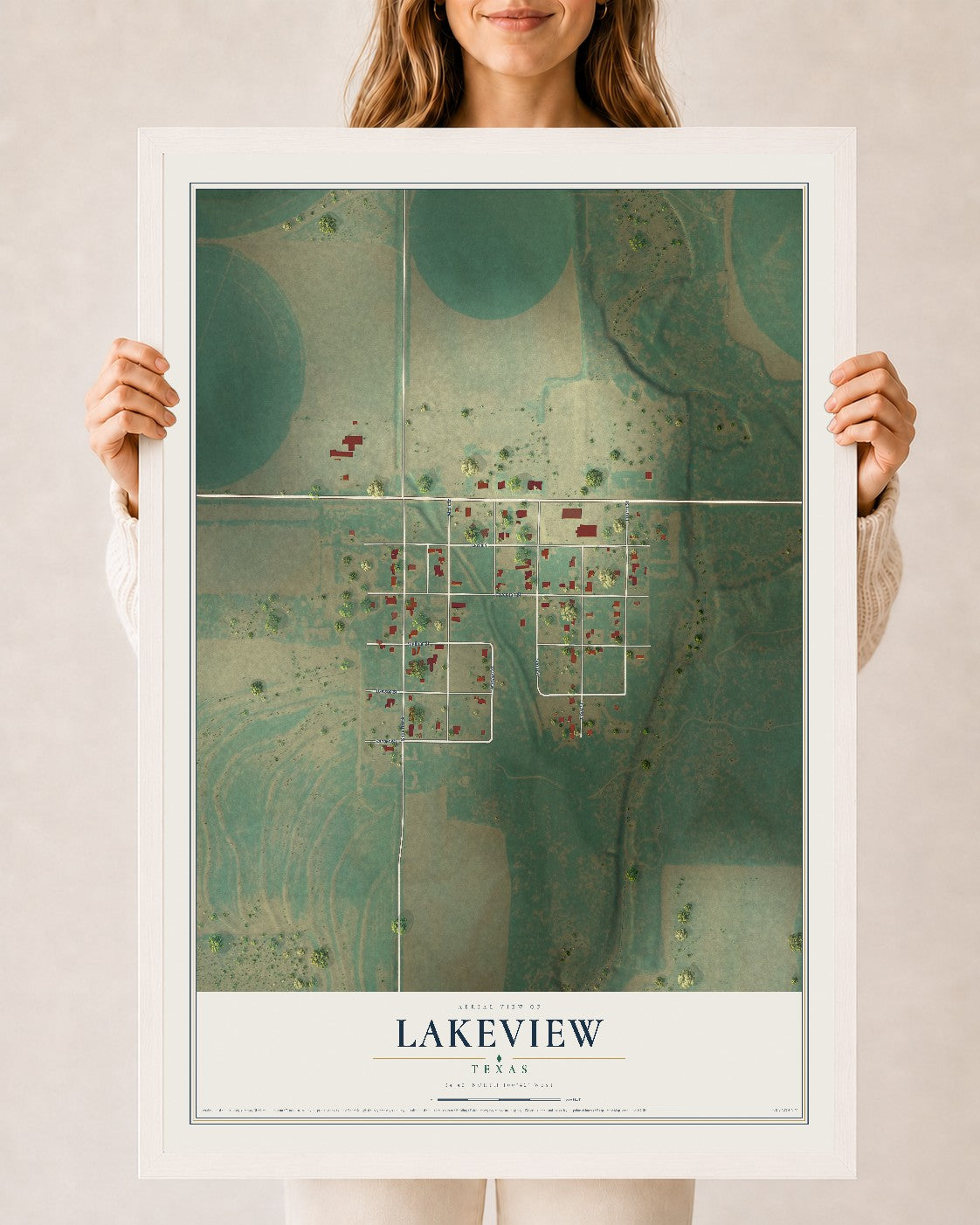 Map of Lakeview, Texas, 24 x 36 inch print in a white wood frame